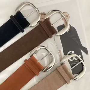 Retro suede belt women high waist minimalist casual wide metal buckle trousers waist belt