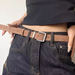 Women vintage brown belt with silver metal buckle aesthetic chic minimalist waist belt