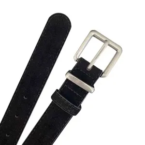 Classic black suede belt for women featuring silver metal buckle and stylish versatile design.