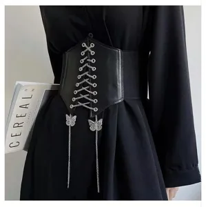 Black wide leather corset belt for women, featuring butterfly chain and stylish waist cincher