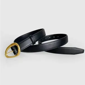Women's black leather belt with unique metal pin buckle, minimalist style casual design main view.