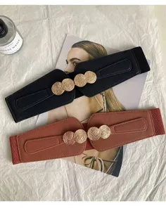 Women wide elastic waist belt with metal coin buckle, stylish dress decoration and fashion accessory.