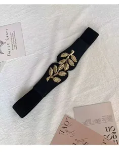 Ceinture élastique noire pour femme avec boucle feuille dorée chic ceinture de robe