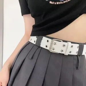 Women Punk Style PU Leather Belt Retro Star Hollow Metal Eyelet Double Prong Buckle Casual Jeans Dress Belt