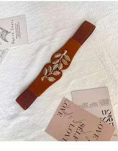 Vue détaillée d'une ceinture élastique marron pour femme avec une boucle en métal feuille d'or.