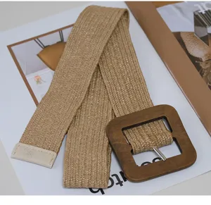 Woven straw belt for women with large wooden square buckle, casual summer dress waistband.