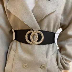 Women Wide Elastic Waist Belt PU Leather Waistband With Metal Double Ring Buckle For Woolen Coat Sweater Fashion Accessories