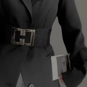 Women's Elastic Stretch Waist Belt Casual Fashion Retro Metal Buckle Wide Waistband For Dress