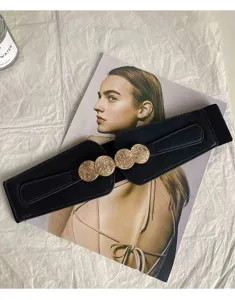 Wide elastic waist belt for women with stylish gold coin metal buckle for dresses.