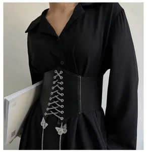 Stylish black wide corset belt for women, featuring lace-up design and chic metal butterfly chains.