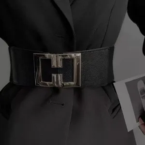 Women wide elastic waist belt black stretch waistband with silver tone metal buckle fashion