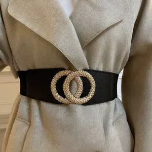 Women wide elastic waist belt with interlocking gold braided rings for wool coat dress chic