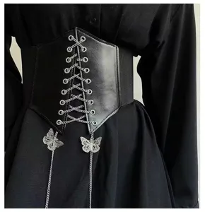 Women black wide corset belt with metal lace-up chain and butterfly charms for dress.