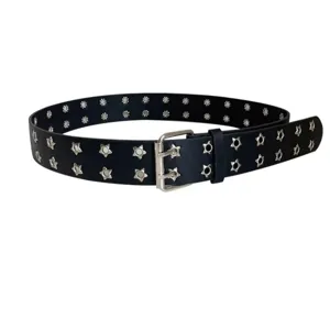Women punk black leather belt with star eyelets and double prong buckle main view