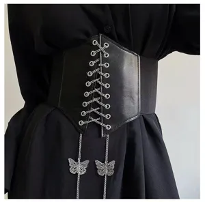 Women's black wide waist belt with lace-up corset design and metal butterfly pendant chains.
