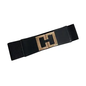 Women wide elastic waist belt black stretch dress belt with stylish gold metal buckle main view