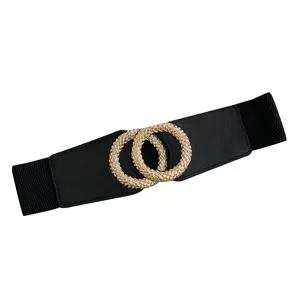 Stylish women elastic waist belt featuring interlocking gold braided double circle buckle design.