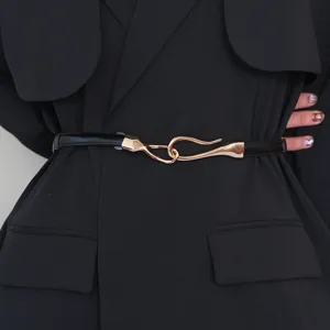 Women Fashion PU Leather Belt Elegant Metal Interlocking Buckle Thin Waistband For Dress Coat Suit Accessories