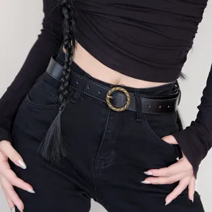 Women's Vintage PU Leather Belt Minimalist INS Style Casual Pants Belt With Retro Metal Round Buckle For Jeans