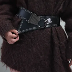 Women's Punk Style Wide Corset Belt PU Leather Elastic Waistband With Metal Rivets And Ring Buckle Dress Fashion Accessories