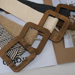 Women Woven Elastic Waist Belt Minimalist Casual Wide Corset Belt Canvas Retro Wooden Buckle Fashion Dress Accessories
