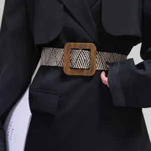 Woven wide belt for women with large square wooden buckle casual waist band black cream
