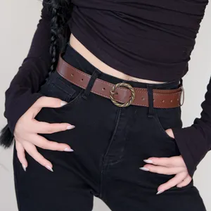 Women vintage brown leather belt with twisted metal buckle stylish casual jeans waist belt