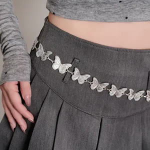 Y2K silver butterfly metal waist chain, trendy sweet cool pants skirt body jewelry accessory