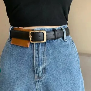 Classic black women leather belt with gold square buckle and mini pouch for stylish jeans wear