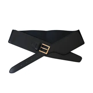 Women's wide black elastic waist belt with stylish gold buckle for dresses and coats.