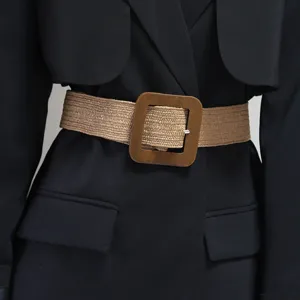Woven straw wide belt with square buckle stylish women waist cincher fashion accessory