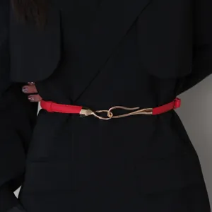 Women red thin waist belt with gold hook metal buckle stylish dress suit coat decorative strap