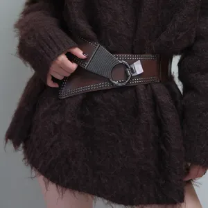Women punk wide waist belt pu leather asymmetrical studded cincher dress decorative belt