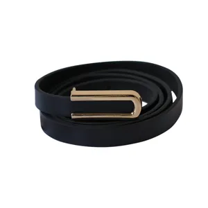 Black thin leather belt for women with gold U buckle, perfect for dresses and jeans wear.