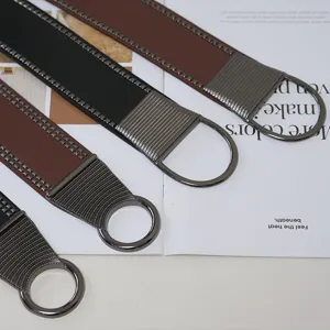 Women wide punk leather belt with metal ring and rivets, stylish waist cincher for dress.