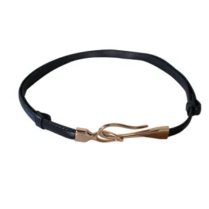 Women thin black leather belt with stylish rose gold hook buckle for dress coat casual wear.