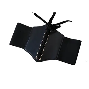 Women black corset belt wide elastic waist cincher dress accessory decorative lace up waist band
