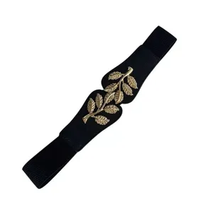 Femme mode noir élastique ceinture de taille avec or feuille boucle en métal robe