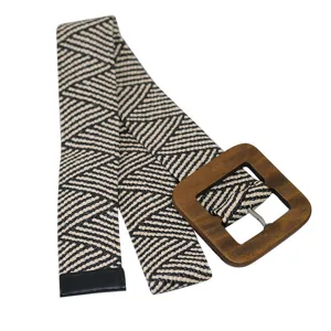 Chic geometric woven elastic belt for women with stylish square wooden buckle design.