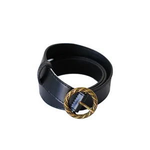 Black leather belt featuring a vintage twisted round metal buckle rolled accessory