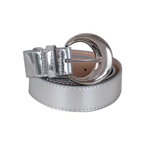 Silver patent leather women belt with metallic crescent buckle for dresses jeans and coats