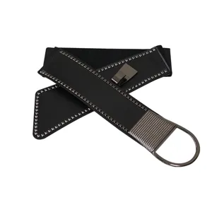 Women punk style wide elastic belt with metal studs and ring buckle, dress cincher.