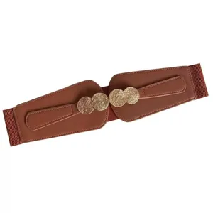 Brown elastic wide waist belt for women, stylish dress accessory with metal coin decor.