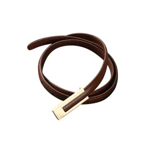 Women thin brown leather belt minimalist fashion versatile dress pants waist decorative