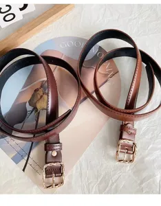 Women's slim brown leather belt with stylish gold square buckle casual suit dress accessory