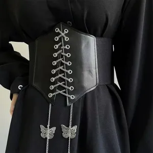 Women black wide corset belt PU leather waist cincher with metal chains and butterflies