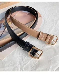 Elegant women's leather belt set featuring stylish twisted square buckles in black and khaki.