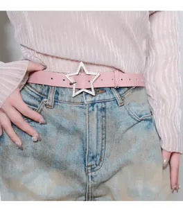 Pink Y2K star rhinestone leather belt detail, sparkling buckle for women jeans outfit.