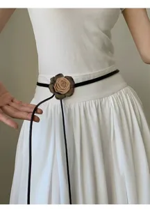 French style floral waist belt for women, slim black leather rope with elegant fabric rose.