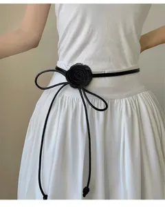 French floral waist belt for women, elegant black rose design dress accessory with soft cord.